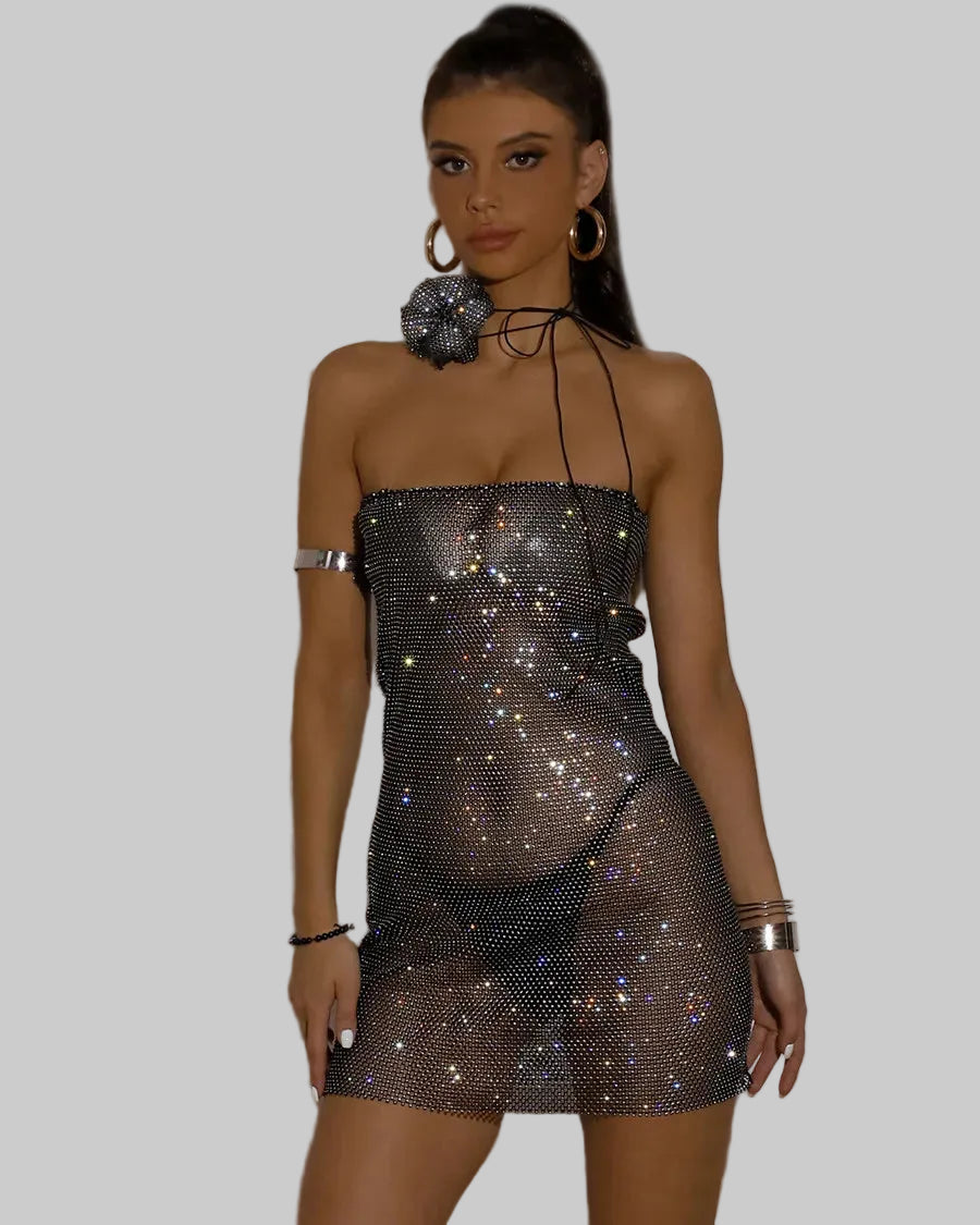 Rhinestone Strapless Mini Dress with Flower Choker - Sheer Party Dress