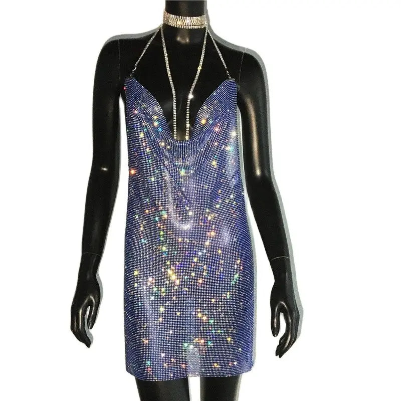 Rhinestone Mini Dress - Sheer Sequin Bodycon Dress with Asymmetric Neckline