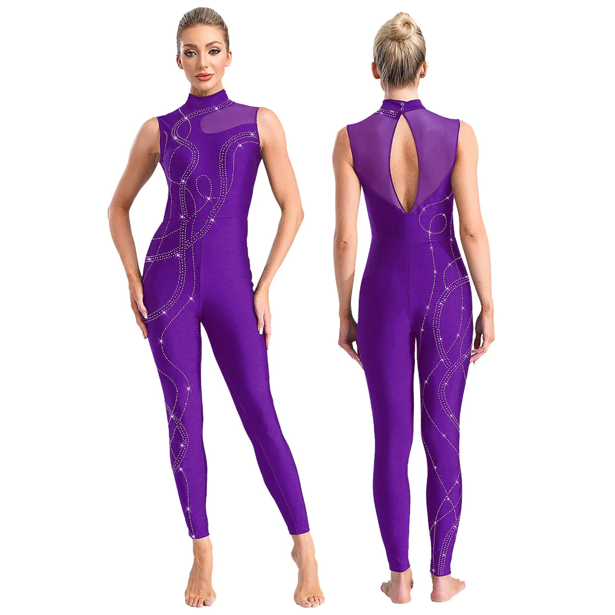 Rhinestone Full-Body Leotard | Sleeveless | Keyhole Back | Mesh