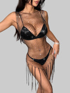 Rhinestone Fishnet Tassel Mini Dress - Sheer Festival Cover-Up