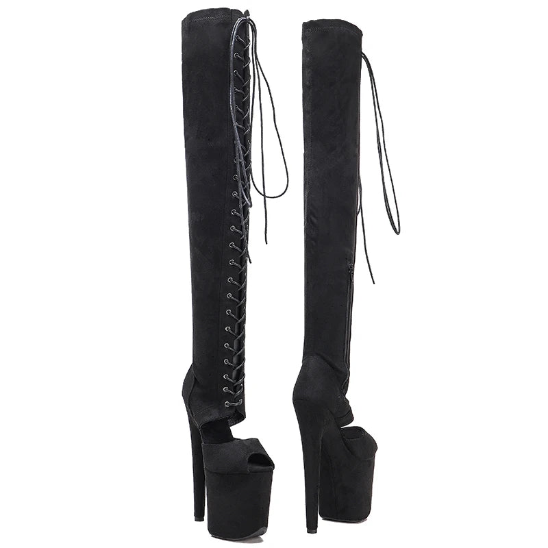 20cm Black Suede Over-Knee Boots - Open Toe Platform Dance Boots