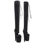 20cm Black Suede Over-Knee Boots - Open Toe Platform Dance Boots