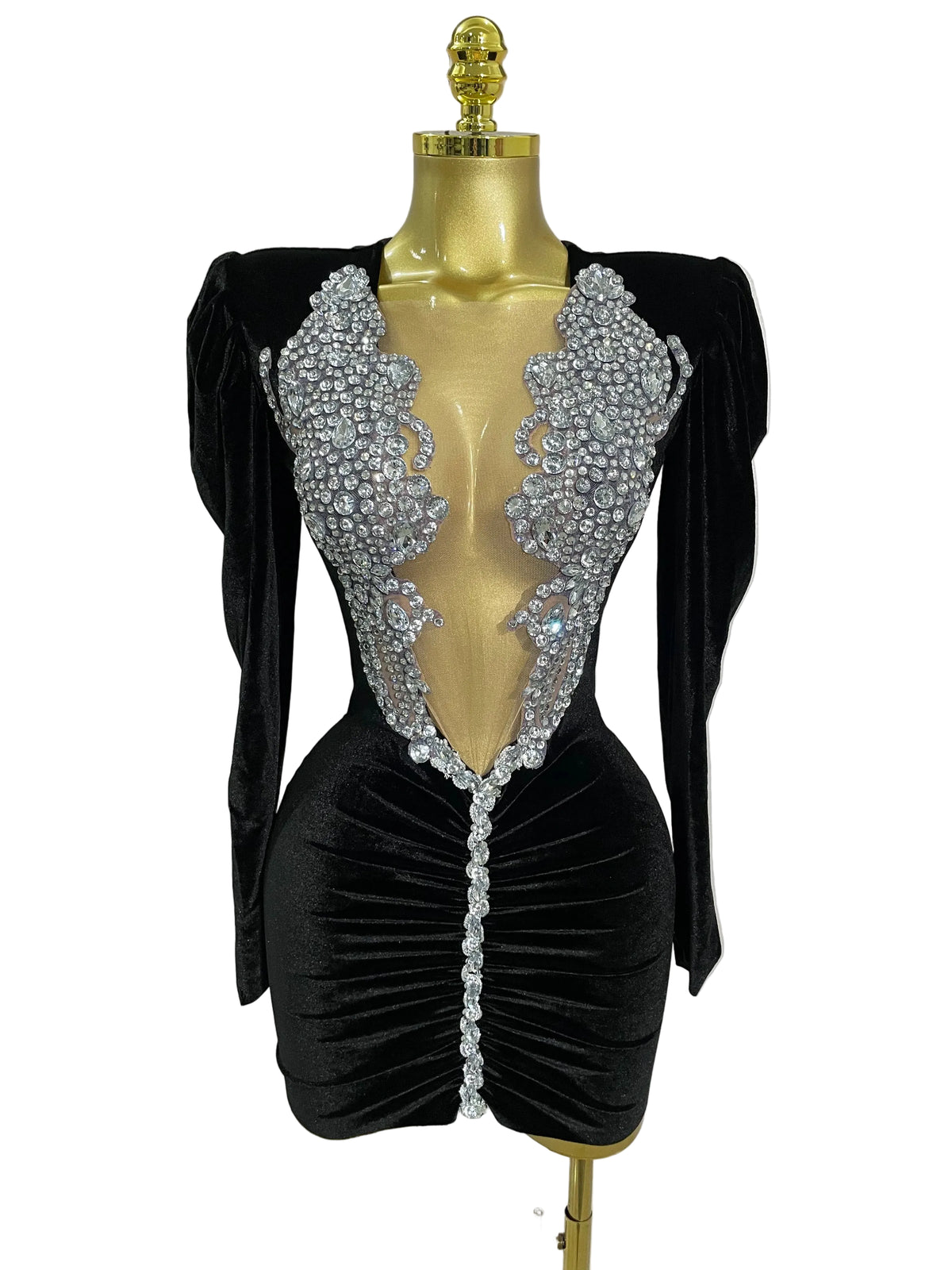 Crystal Deep-V Velvet Mini Dress | Long Sleeve | Stage