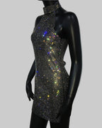 Rhinestone Halter Mini Dress - Backless Sheer Performance Dress