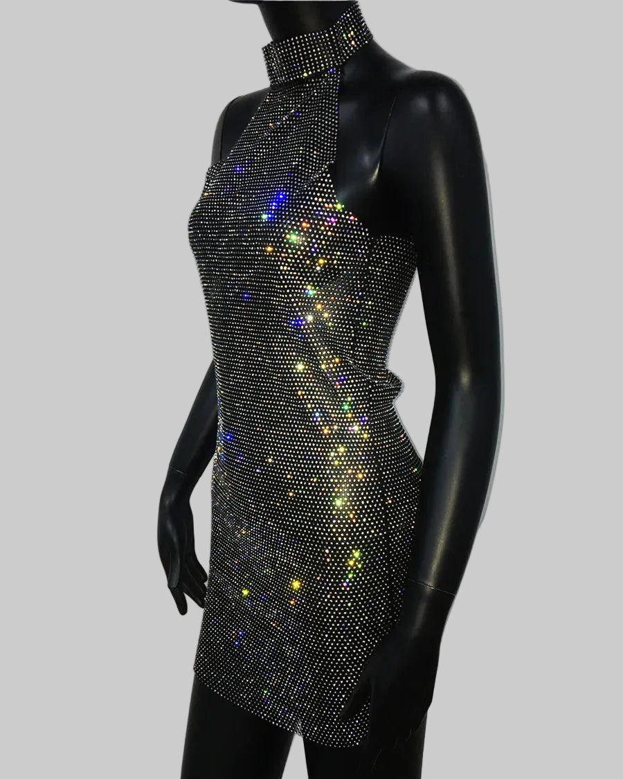 Rhinestone Halter Mini Dress - Backless Sheer Performance Dress