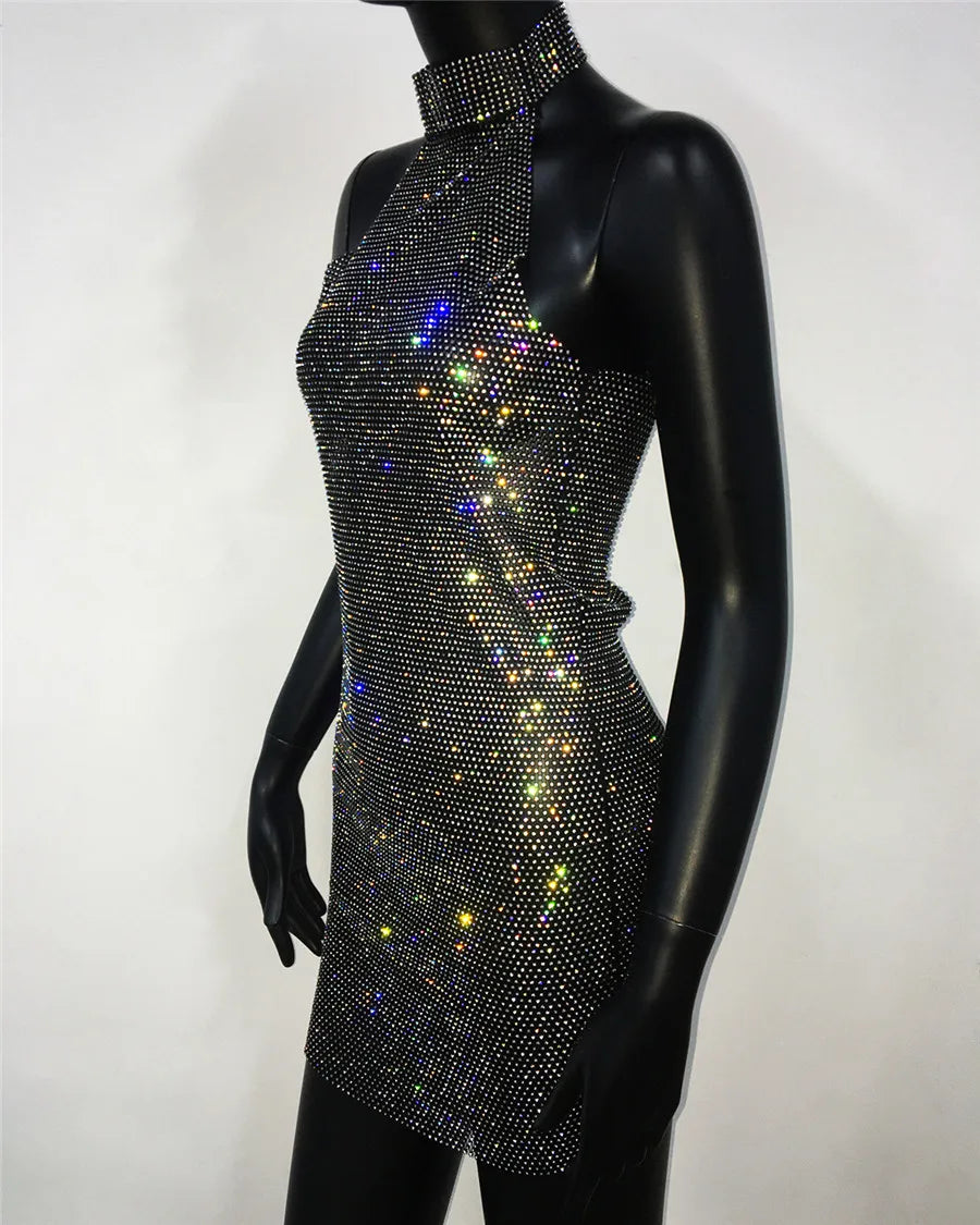 Rhinestone Halter Mini Dress - Backless Sheer with Turtleneck