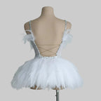 Dazzling White Feather & Rhinestone Showgirl Mini Dress - Performance & Cabaret Gown