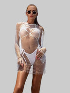 Diamond Fishnet Mini Dress - Sheer Long Sleeve Cover Up