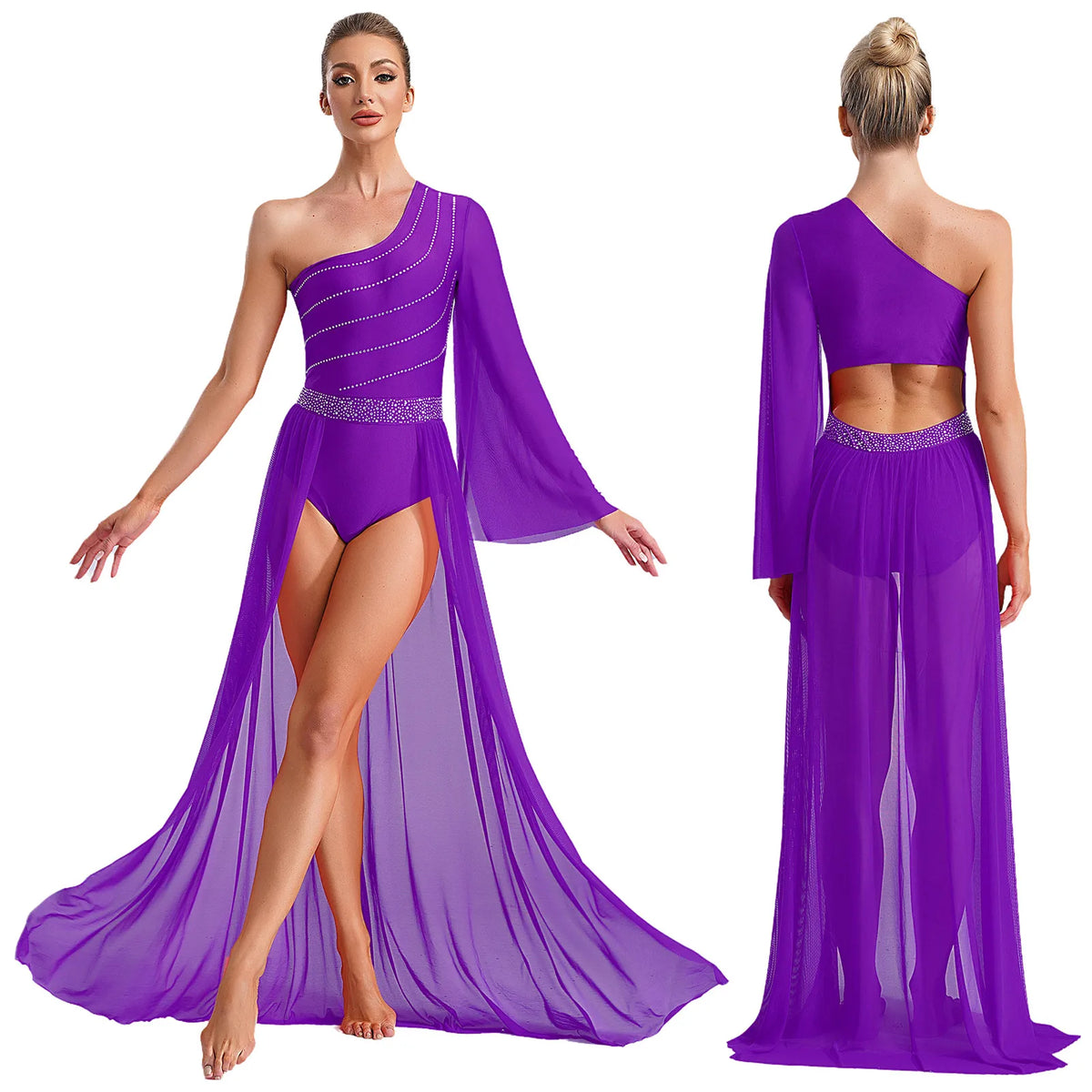 Women's Rhinestone One-Shoulder Lyrical Dance Dress | Flared Sleeve & Open-Front Mesh Maxi Skirt