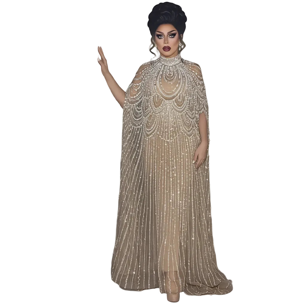 Crystal Kaftan Cape Gown | Beaded Tulle | 7 Colors