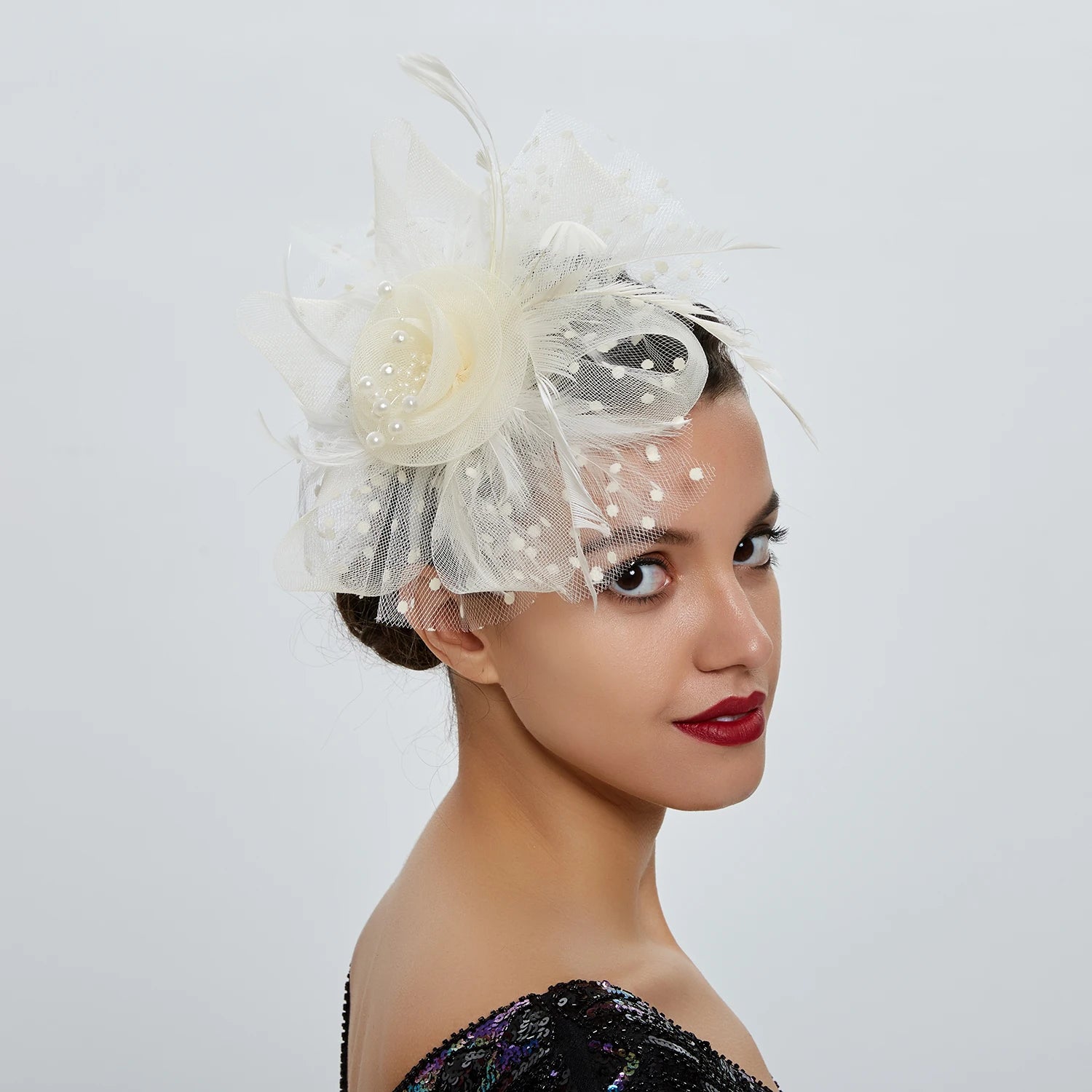 Feather Flower Fascinator Hat | Floral Mesh Headband | 36 Colors