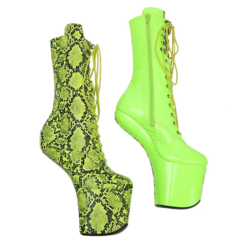 Green Snake Print Heelless Platform Boots - Exotic Pole Dance Shoes