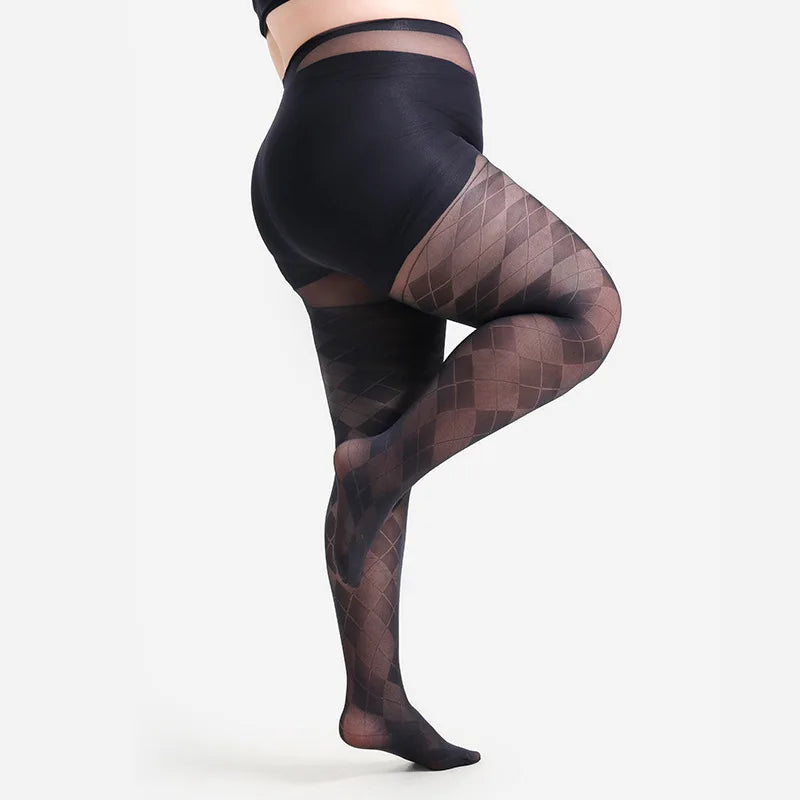 Plus Size Diamond Grid Sheer Tights | 20D High-Waist Pantyhose | 1XL–4XL