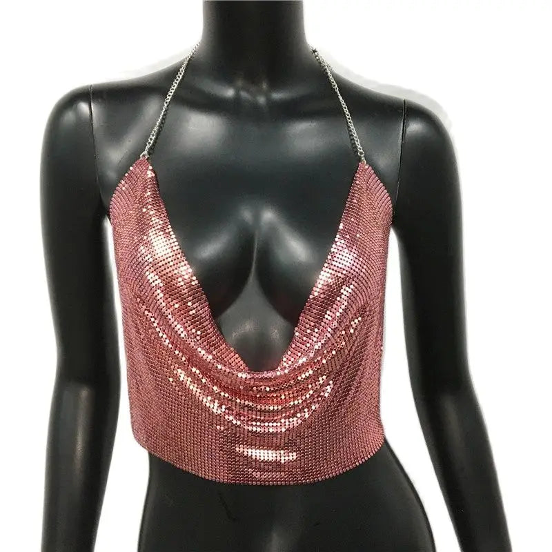 Metallic Sequin Crop Tank - Backless Performance Top