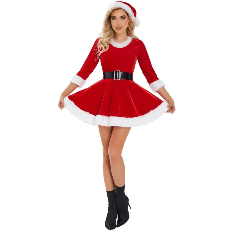 Women's Santa Costume Dress | Fur Trim | With Hat