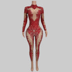 Rhinestone Print Bodycon Jumpsuit - Sparkly Spandex Catsuit for Club & Stage