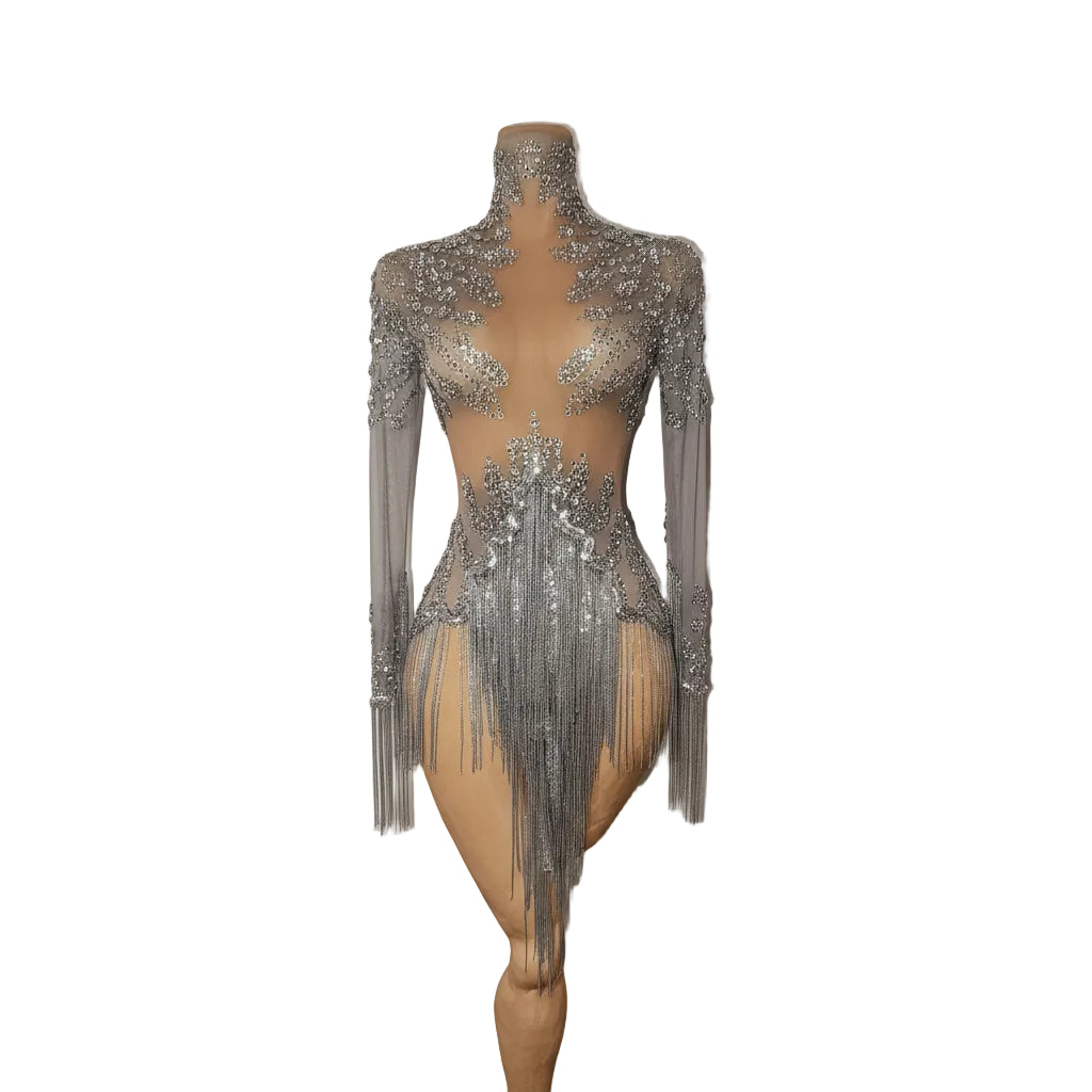 Rhinestone Tassel See-Through Stage Dress | S–XL