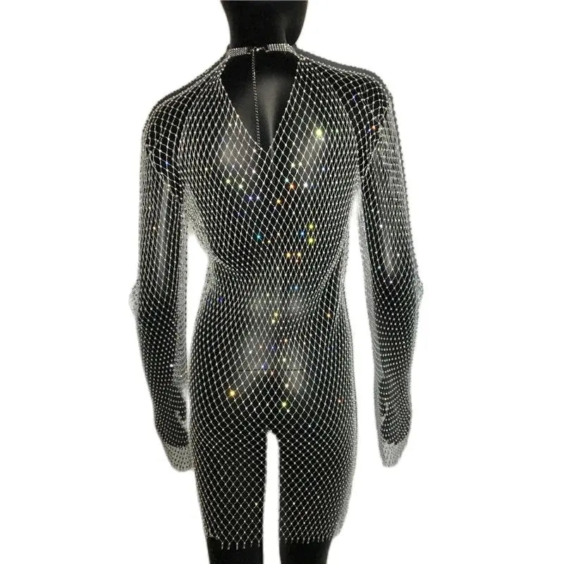 Rhinestone Fishnet Mini Dress - Long Sleeve Sheer Party Dress