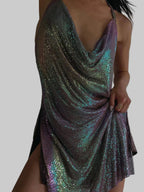 Sparkly Metal Sequin Halter Mini Dress - Backless Side Split Party Dress