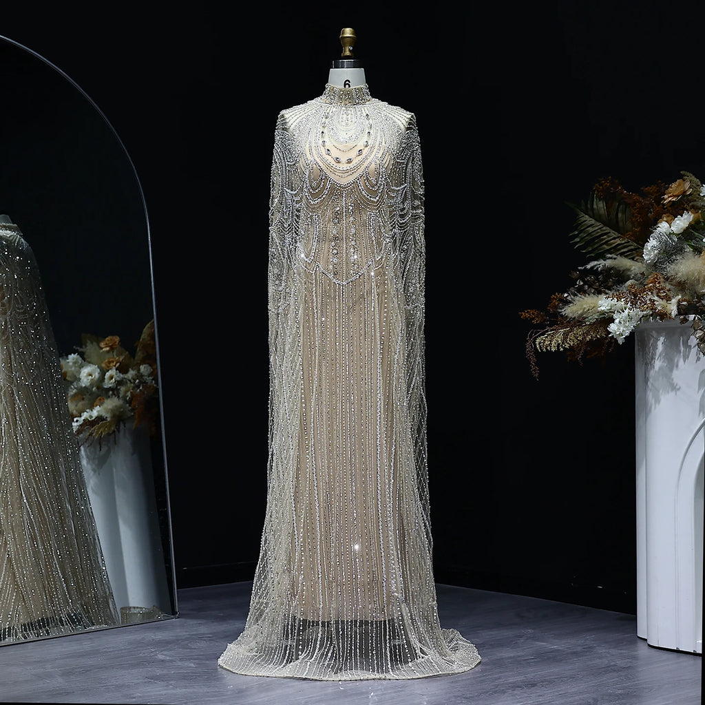 Crystal Kaftan Cape Gown | Beaded Tulle | 7 Colors