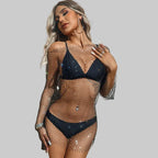 Rhinestone Fishnet Mini Dress - Backless Long Sleeve Cover Up