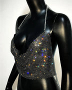 Rhinestone Fishnet Halter Crop Top - Sheer Deep V Backless Tank