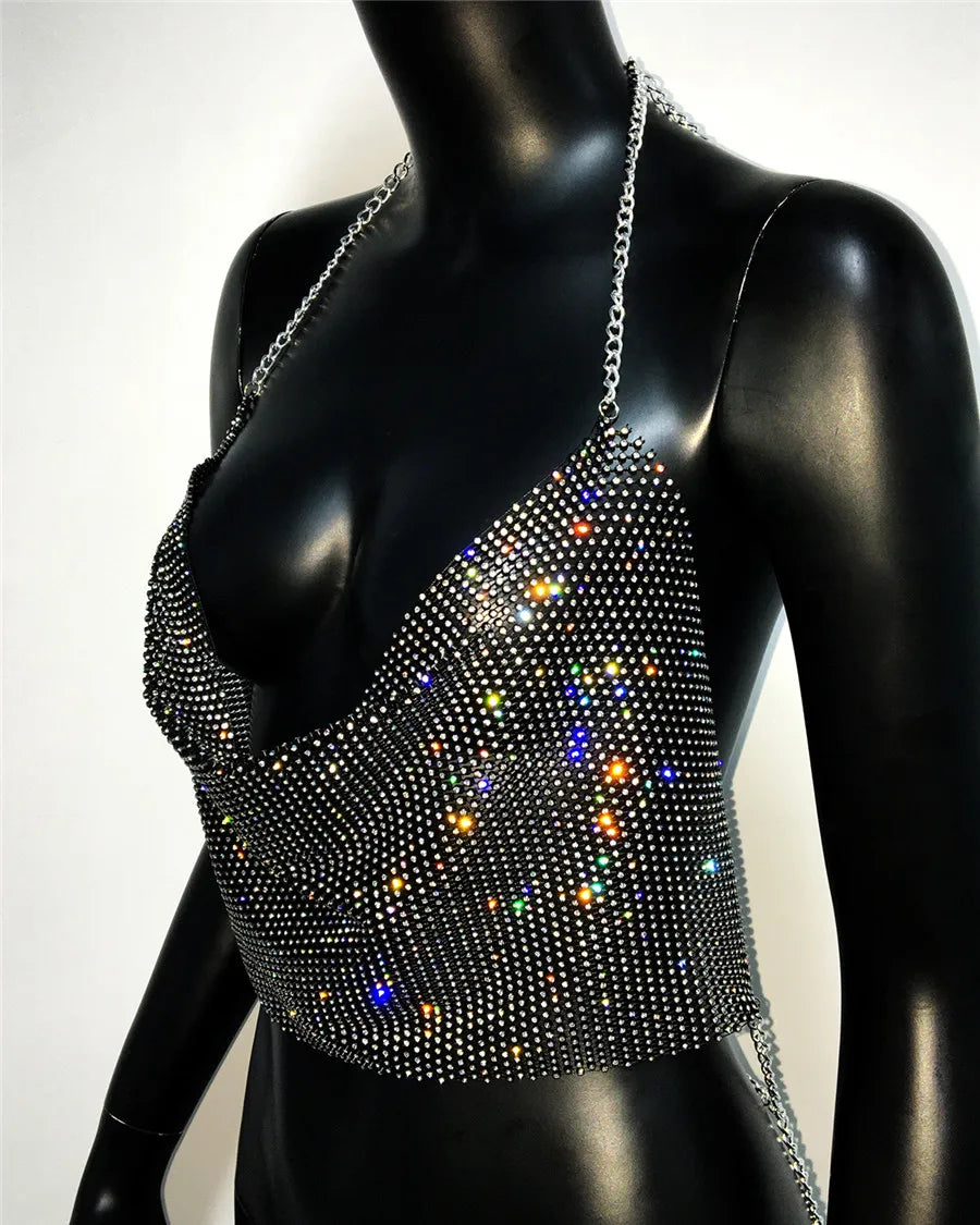 Rhinestone Fishnet Halter Crop Top - Sheer Deep V Backless Tank