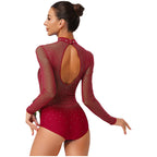 Rhinestone Mesh Long Sleeve Leotard | Open Back | Mock Neck | Figure Skating Ballet