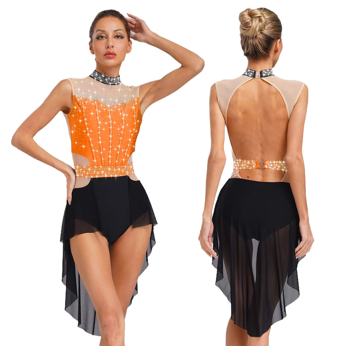 Dance Leotard Dress | Rhinestone Mesh Overlay