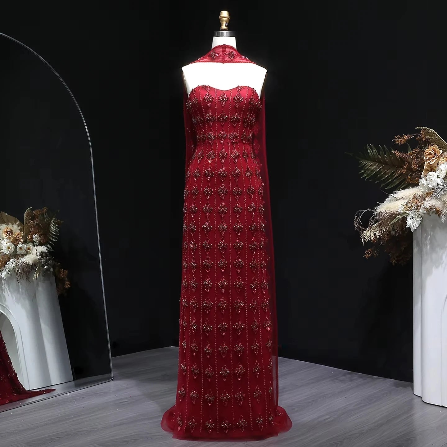 Crystal Beaded Mermaid Gown | Strapless | Scarf Overlay