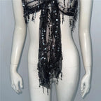 Sequin Tassel Mesh Tube Top - Sheer Backless Bandage Crop Top