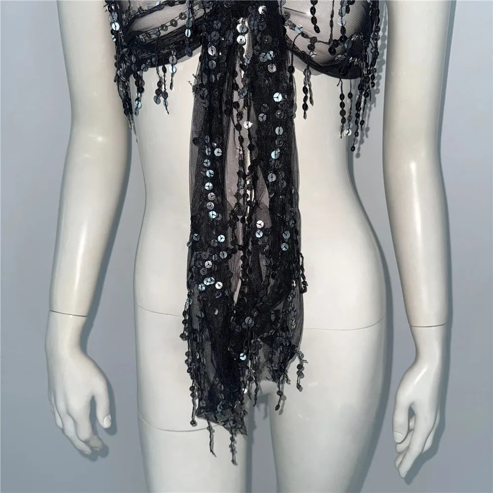 Sequin Tassel Mesh Tube Top - Sheer Backless Bandage Crop Top