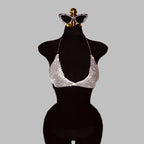 Rhinestone Metal Chain Deep V-Neck Halter Crop Top