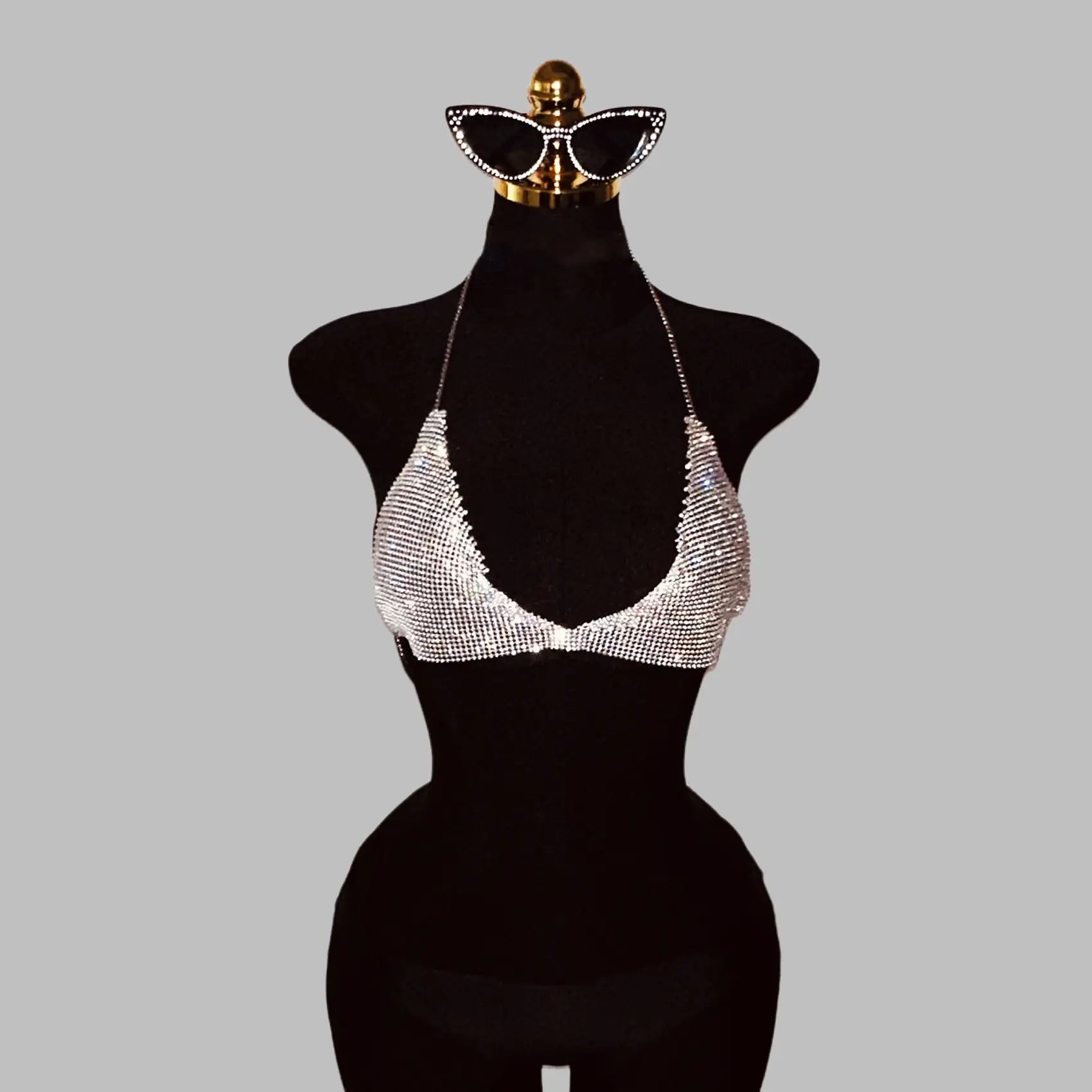 Rhinestone Metal Chain Deep V-Neck Halter Crop Top
