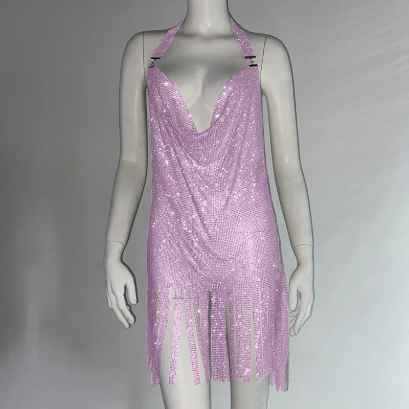 Metal Rhinestone Bodycon Mini Dress - Backless Party Dress
