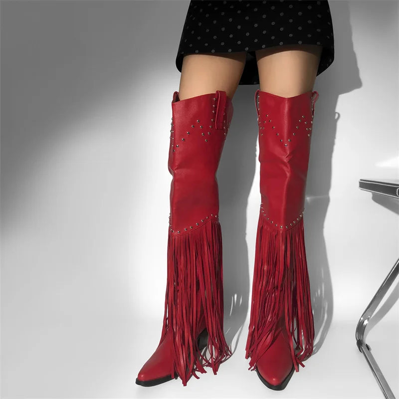 Thigh-High Fringe Boots | Chunky Heel | Pointed Toe