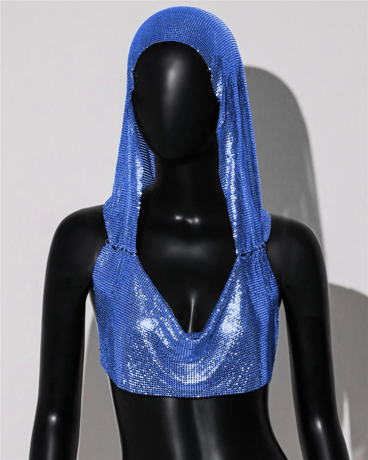 Hooded Sequin Crop Top with Deep V-Neck