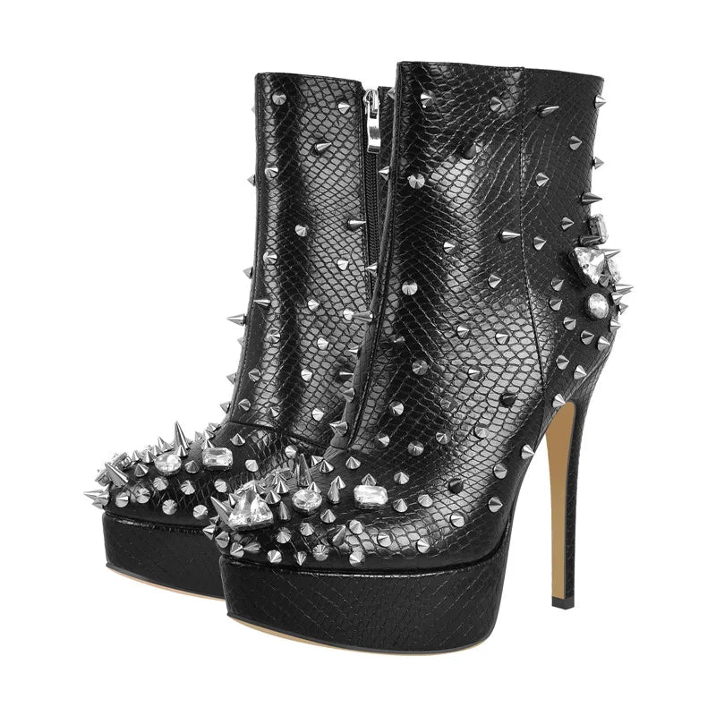 Rhinestone Rivet Platform Ankle Boots | Round Toe Stiletto | Black