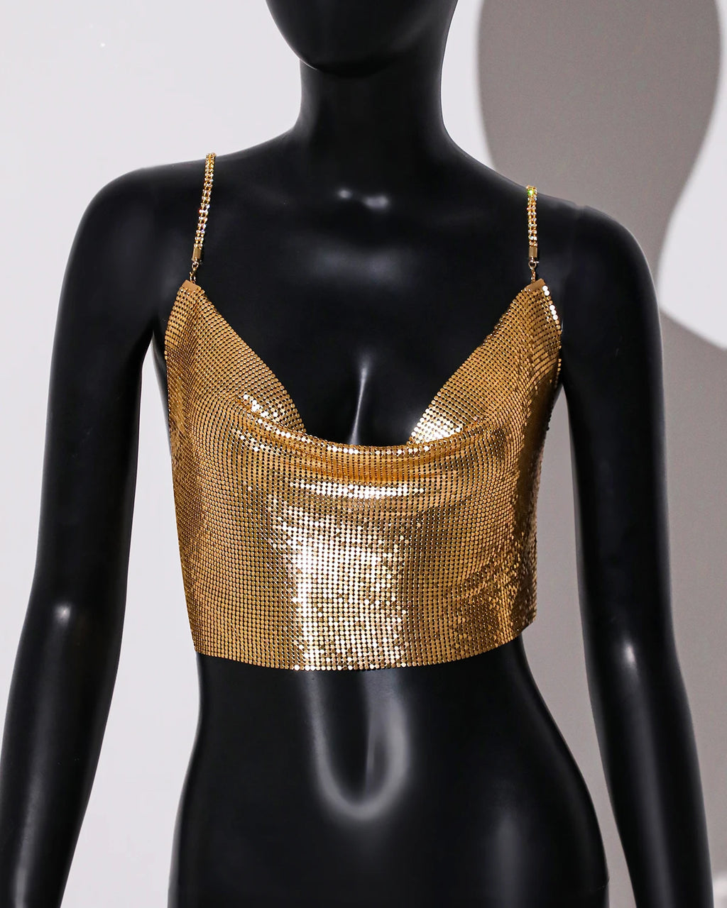 Metal Sequin Rhinestone Chain Crop Top - Deep V Backless Tank