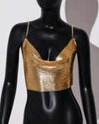 Metal Sequin Rhinestone Chain Crop Top - Deep V Backless Tank