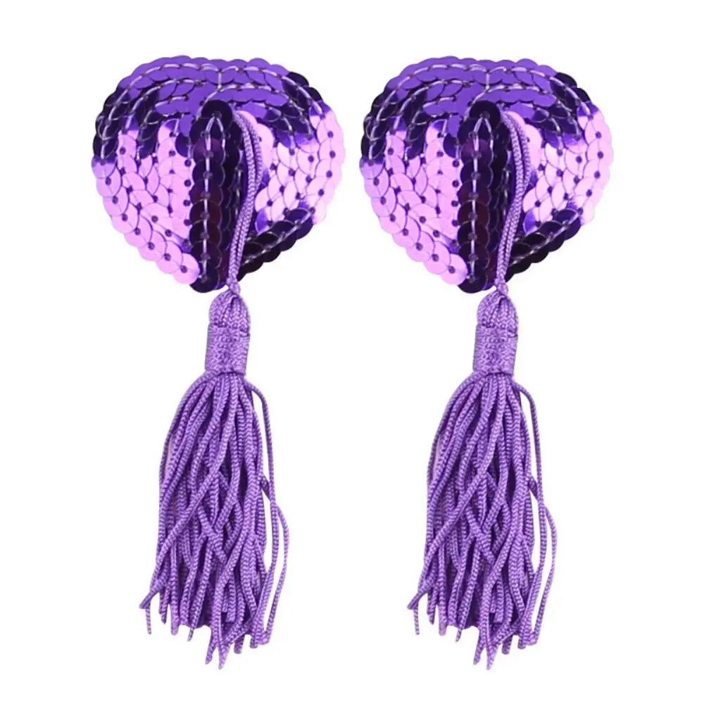 Sequin Heart Tassel Nipple Covers - Reusable Self-Adhesive Pasties for Performers