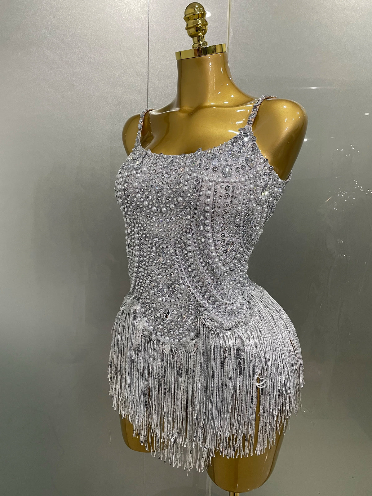 Rhinestone Pearl Tassel Bodysuit | Stage & Party | S–XL