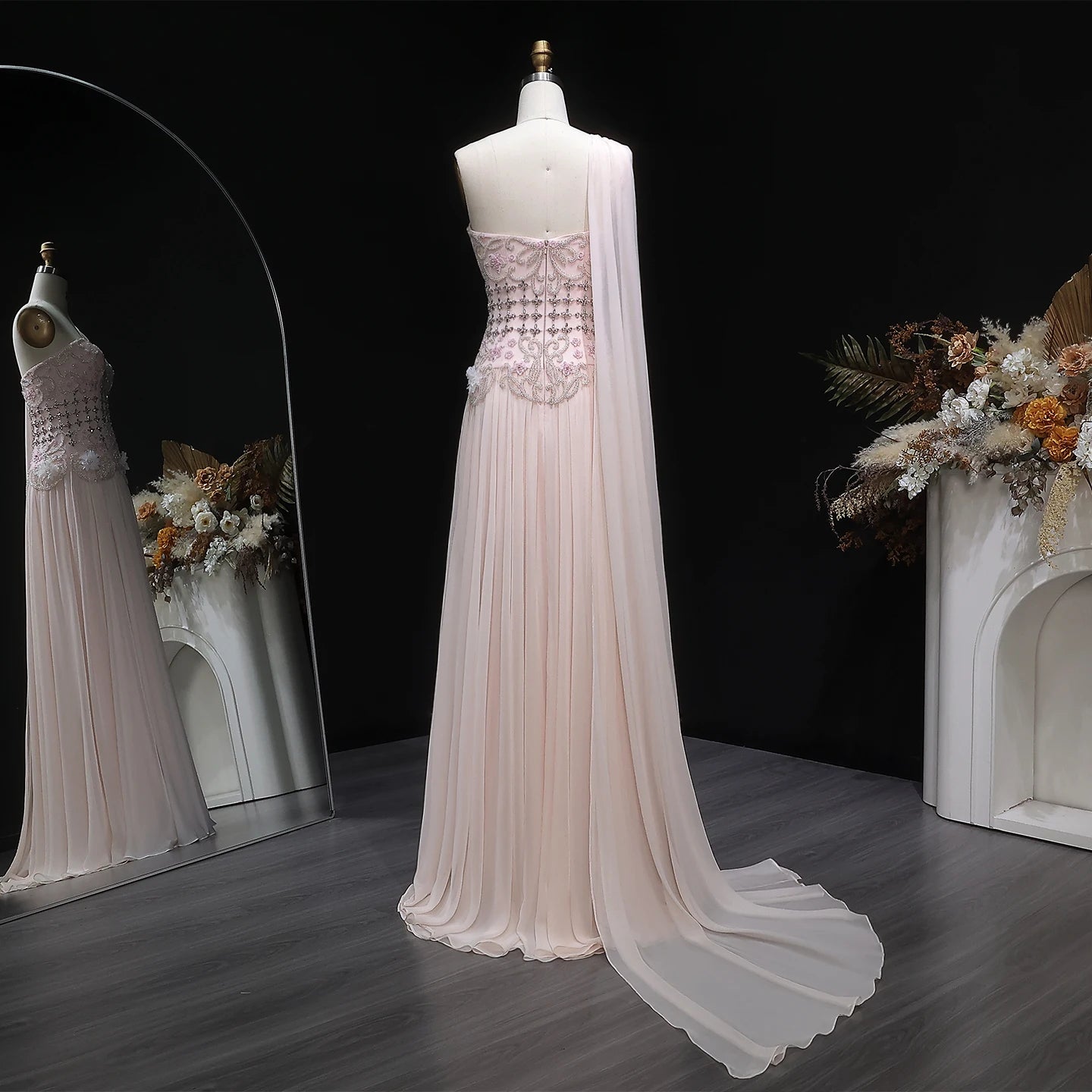 3D Floral One-Shoulder A-Line Pageant Gown | Crystal Beaded | White & Blush Pink