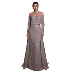 Beaded Cape Sleeve Pageant Gown | Detachable Overskirt | 4 Colors