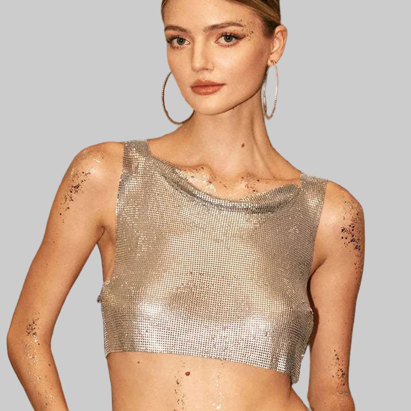 Handmade Metal Sequin Backless Crop Top