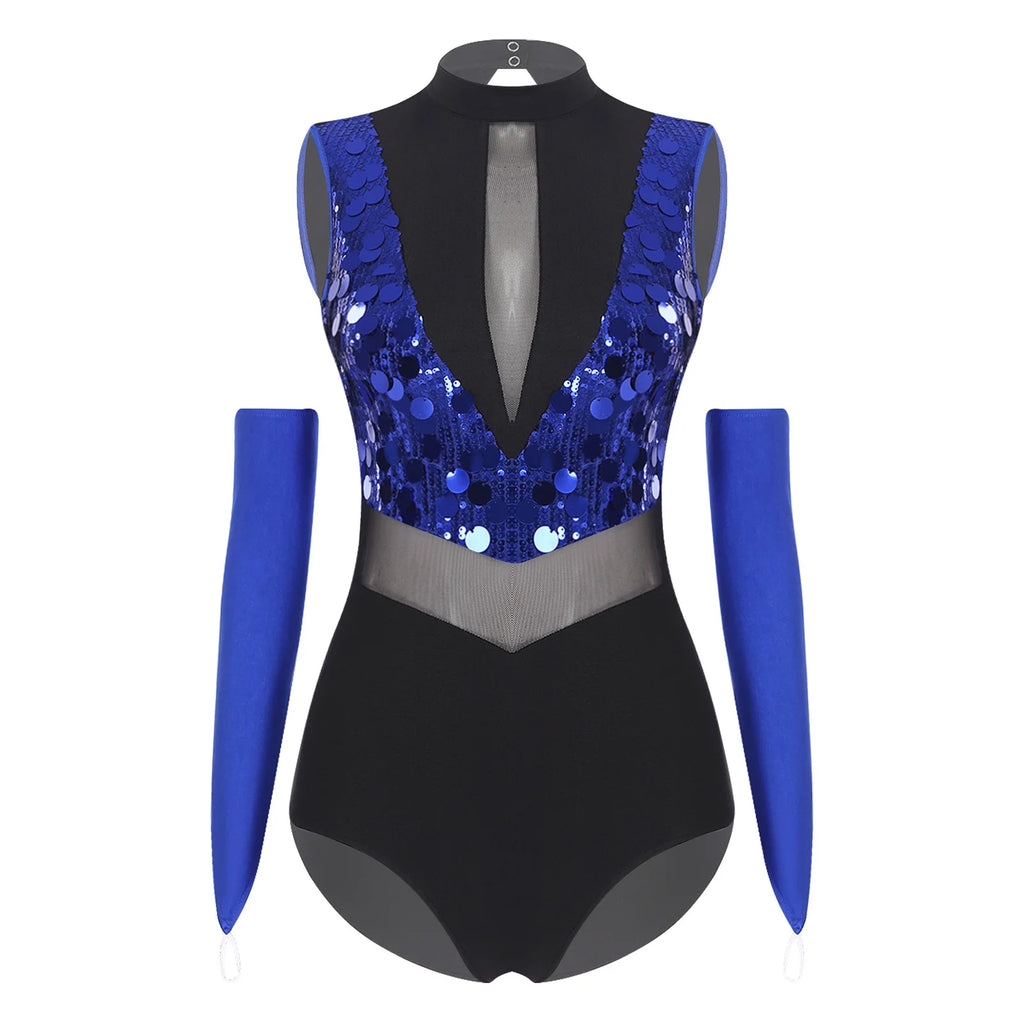 Sequin Leotard | Mock Neck & Mesh Waist | With Gloves