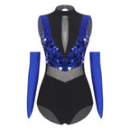 Sequin Leotard | Mock Neck & Mesh Waist | With Gloves