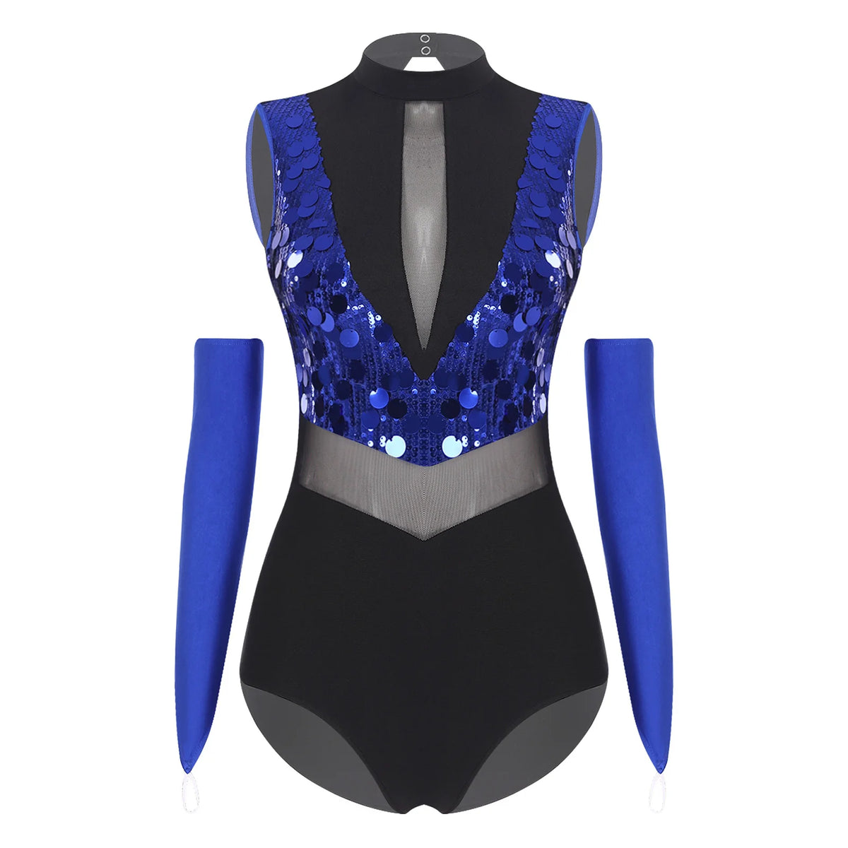 Sequin Leotard | Mock Neck & Mesh Waist | With Gloves