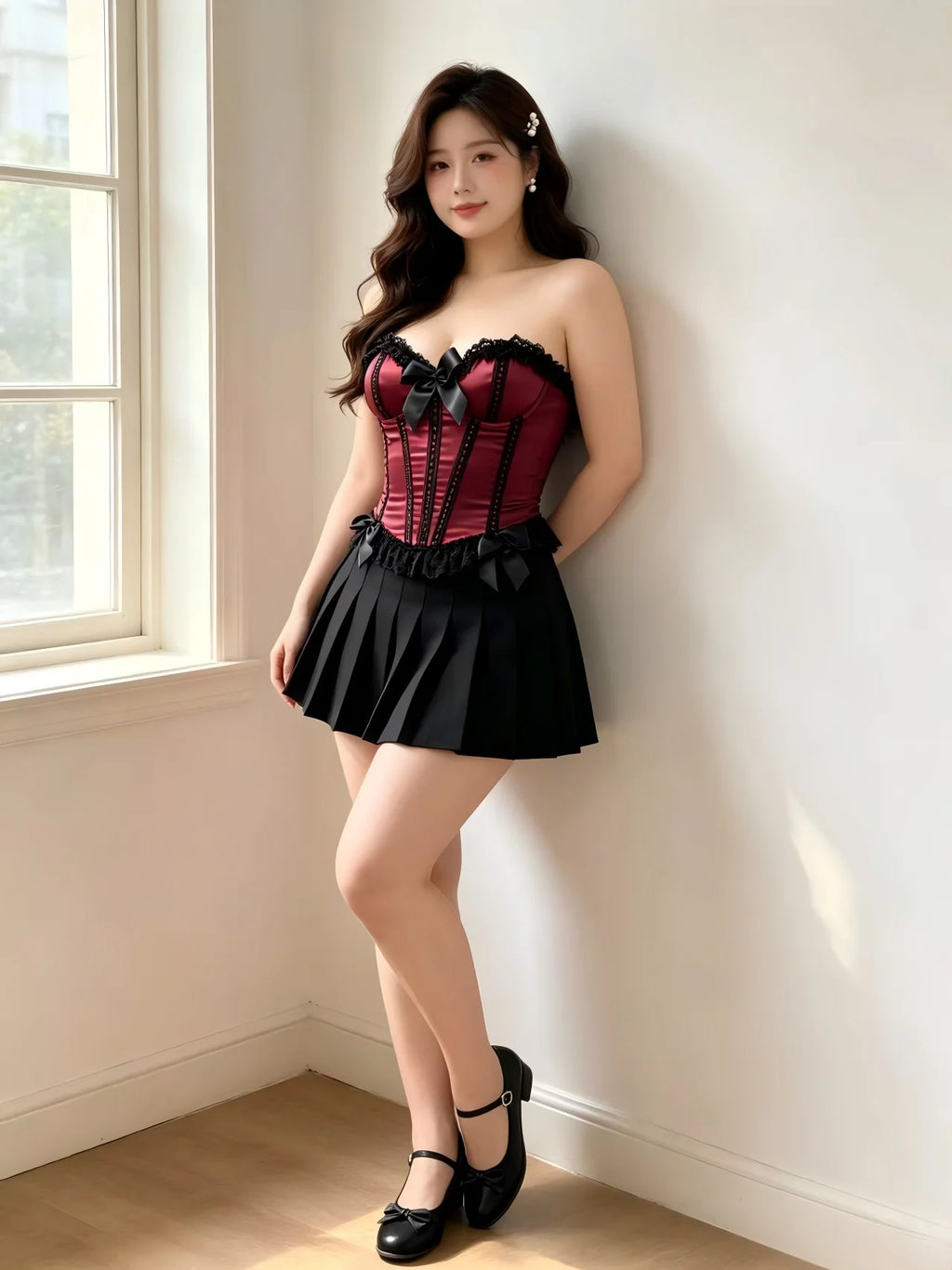 Burlesque Lace-Trim Overbust Corset | Fishbone | Burgundy