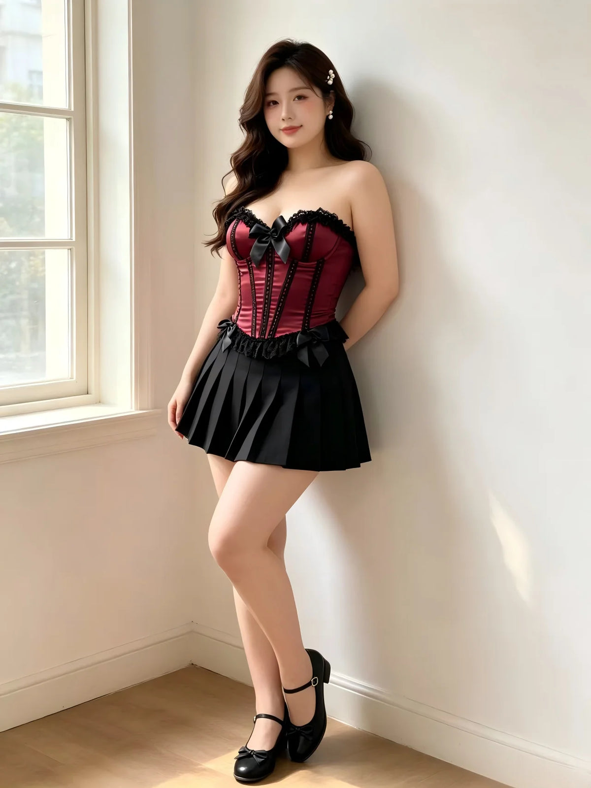 Burlesque Lace-Trim Overbust Corset | Fishbone | Burgundy